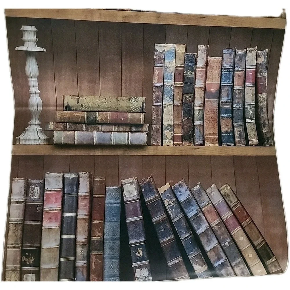 Bookshelf wallpaper antique vintage books w/Candle Stick PEEL AND STICK roll 3D